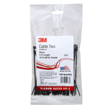 3M CT4BK18-C Cable Tie, Self-locking, Nylon 6/6, Black, 4 in, 18 lb Tensile Strength (7000133450) (1000 Pack) - 2