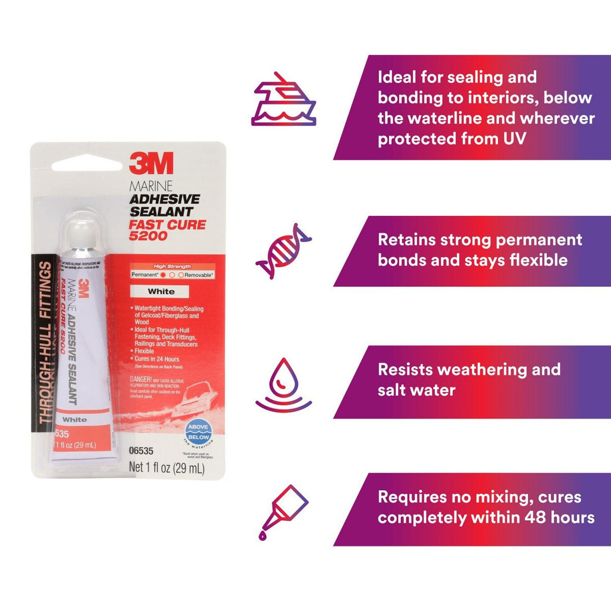 3M 4200FC Marine Adhesive Sealant Fast Cure, White, 3 oz Tube (5260) (7000148282)  - (6Pack) - 6