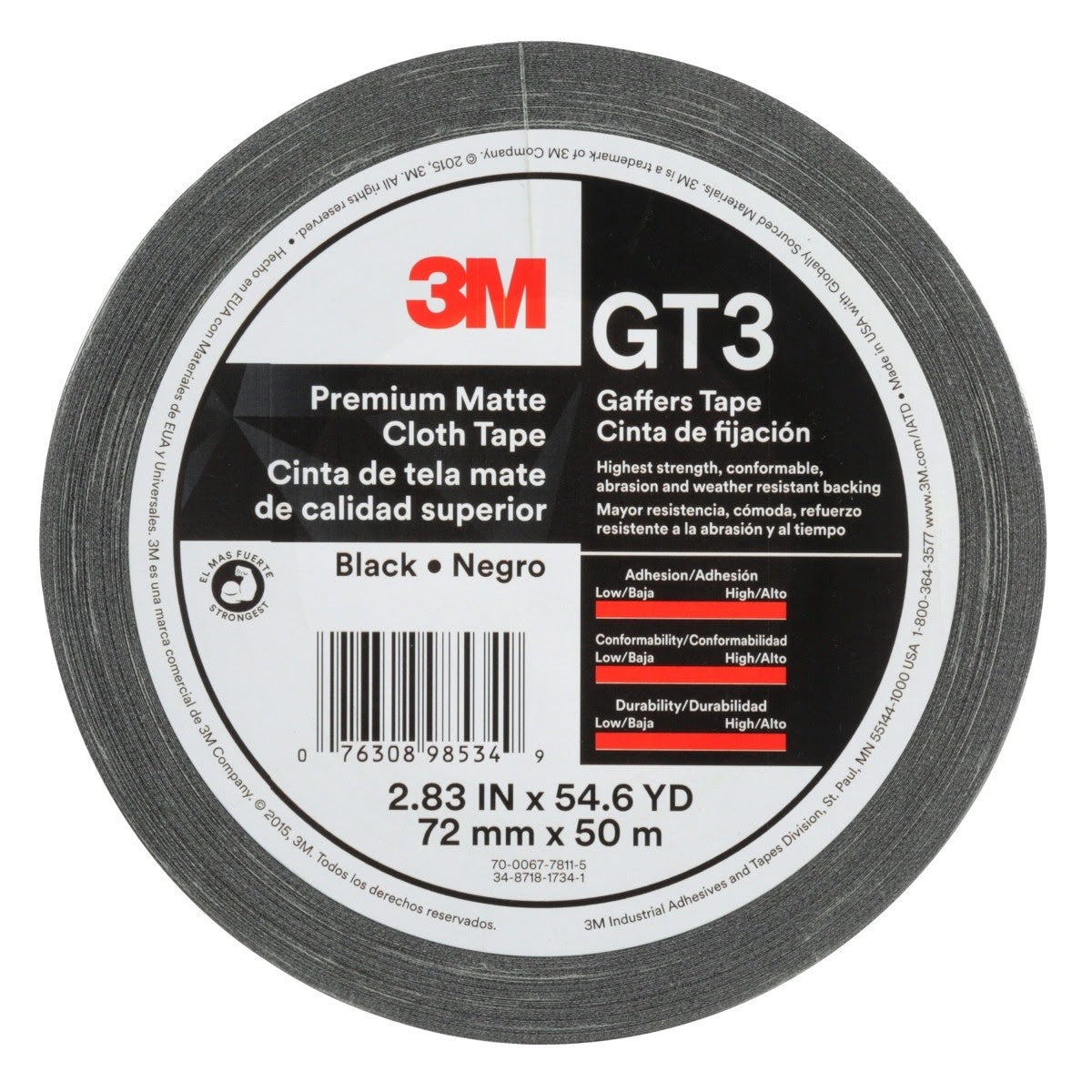 3M GT3 Premium Matte Cloth (Gaffers) Tape, Black, 72 mm x 50 m, 11 mil (7010291525)  - (576Pack)