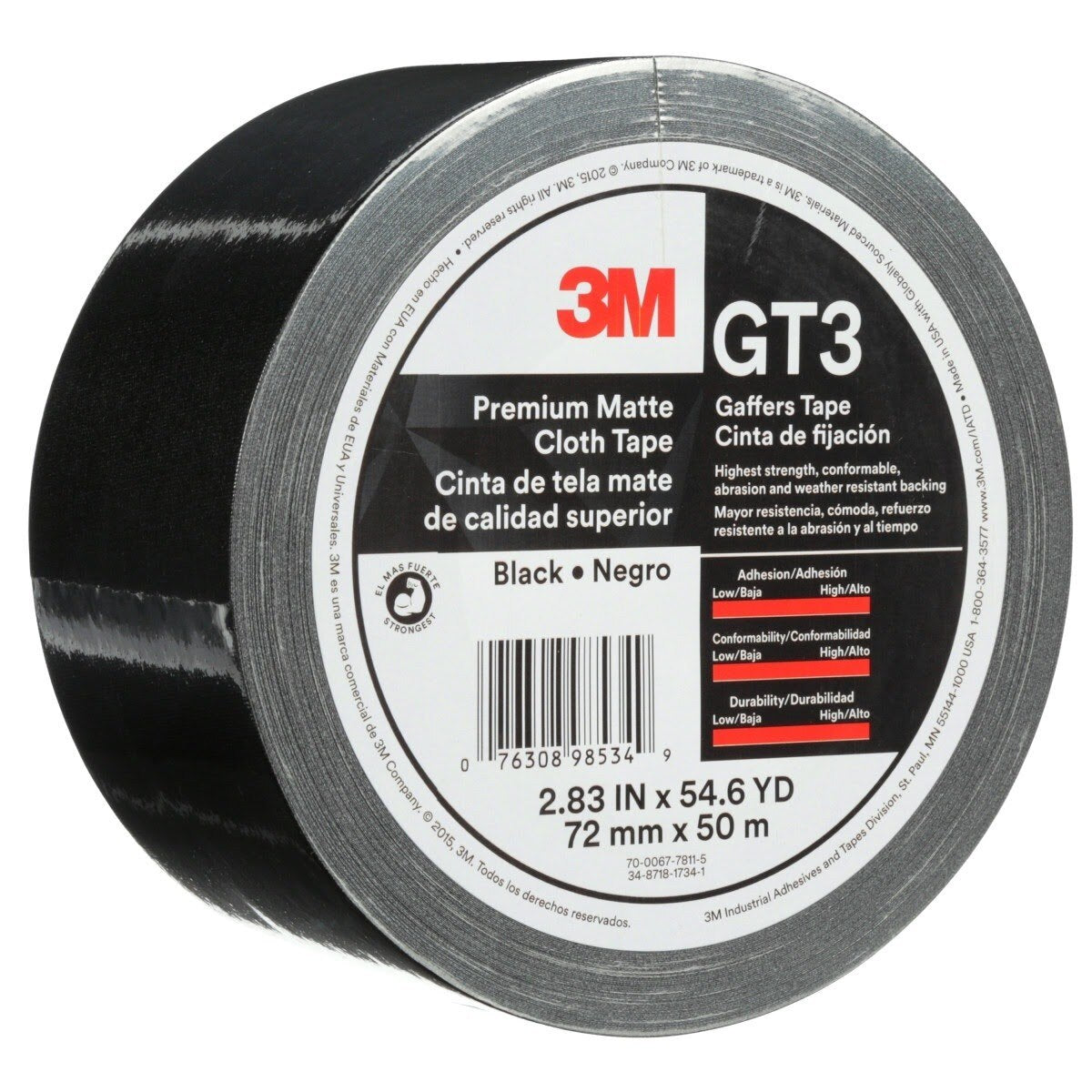 3M GT3 Premium Matte Cloth (Gaffers) Tape, Black, 72 mm x 50 m, 11 mil (7010291525)  - (576Pack) - 2