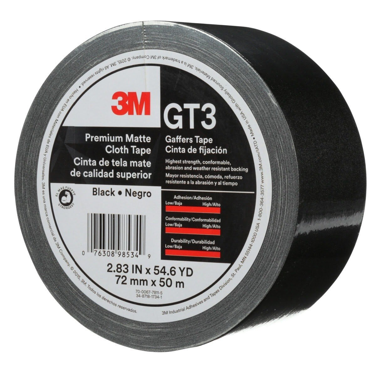 3M GT3 Premium Matte Cloth (Gaffers) Tape, Black, 72 mm x 50 m, 11 mil (7010291525)  - (576Pack) - 3