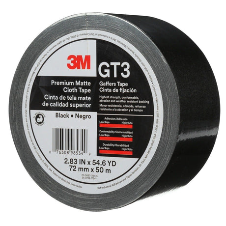 3M GT3 Premium Matte Cloth (Gaffers) Tape, Black, 72 mm x 50 m, 11 mil (7010291525)  - (576Pack) - 3