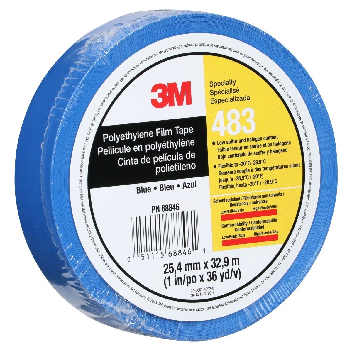 3M 483 Polyethylene Tape, Blue, 1 in x 36 yd, 5.0 mil, Individually Wrapped Conveniently Packaged (7010295458)  - (36Pack) - 7