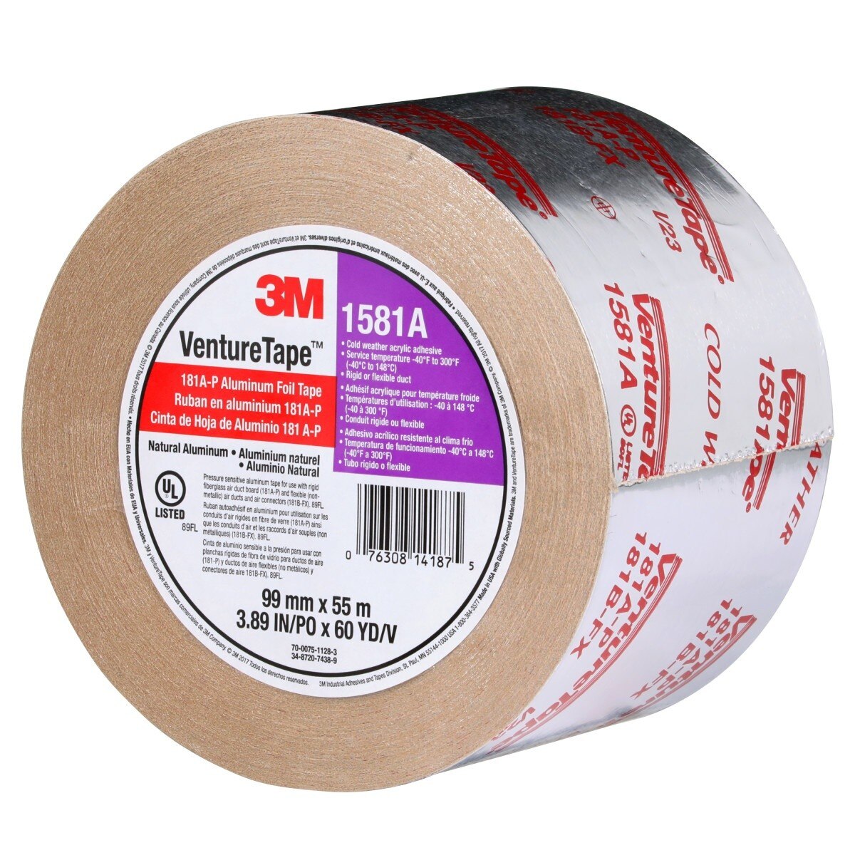 3M 1581A UL181A-P Aluminum Foil Tape, Natural Aluminum, Rigid/Flexible Duct Seaming, Cold Weather Adhesion, 3-7/8 in x 60 yd, 2 mil (7010302857)  - (12Pack) - 6