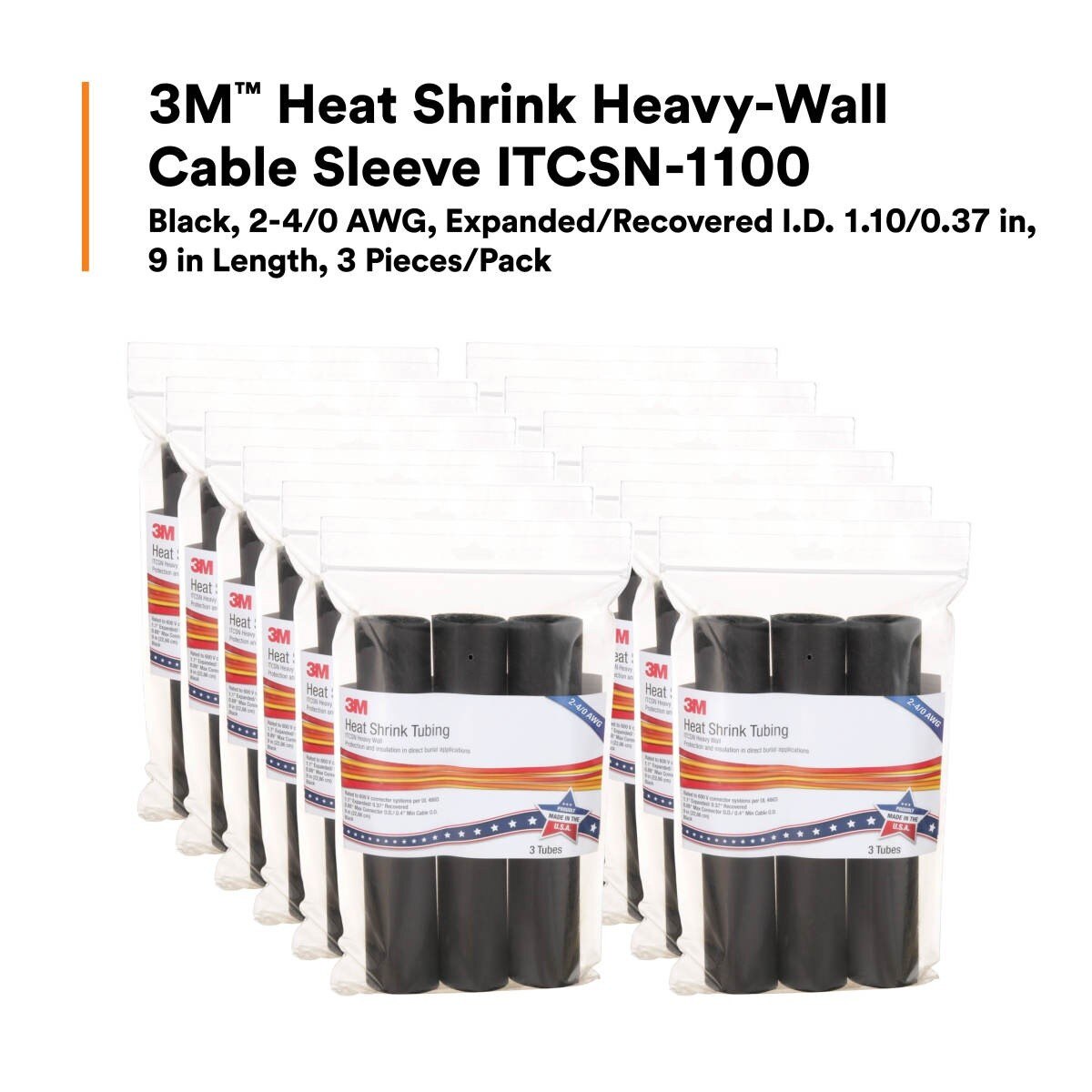 3M IT1.100BK9P Heat Shrink Heavy-Wall Cable Sleeve, Adhesive-Lined Polyolefin, Black, 2-4/0 AWG, Expanded/Recovered I.D. 1.10/3/8 in, 9 in Length (7010305769) (36 Pack) - 5