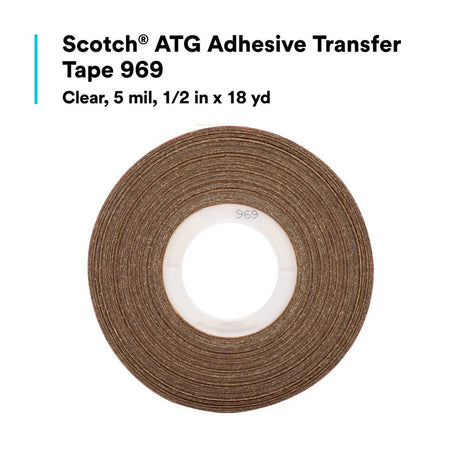 3M 969 Scotch ATG Adhesive Transfer Tape, Clear, 1/2 in x 18 yd, 5 mil (7010312522)  - (24Pack) - 6