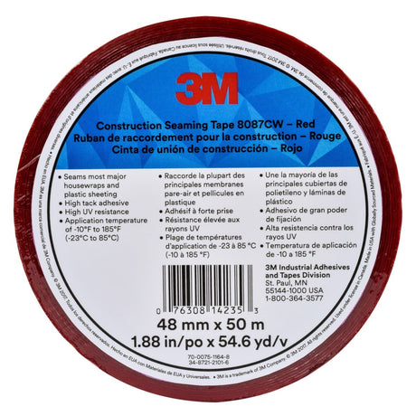 3M 8087CW Construction Seaming Tape, Red, 48 mm x 50 m, BOPP Acrylic, Cold Weather Sheathing/Housewrap (7010314187)  - (24Pack)