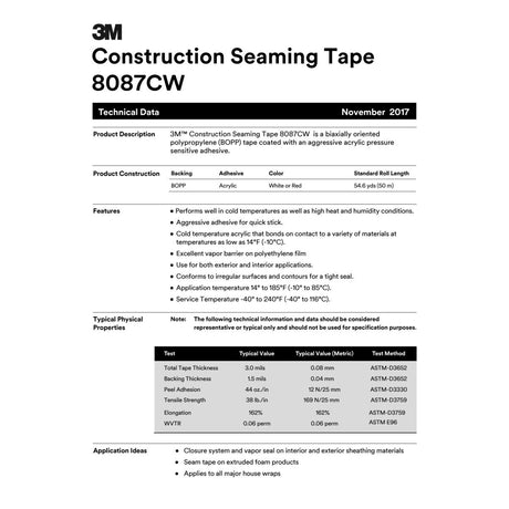 3M 8087CW Construction Seaming Tape, Red, 48 mm x 50 m, BOPP Acrylic, Cold Weather Sheathing/Housewrap (7010314187)  - (24Pack) - 2