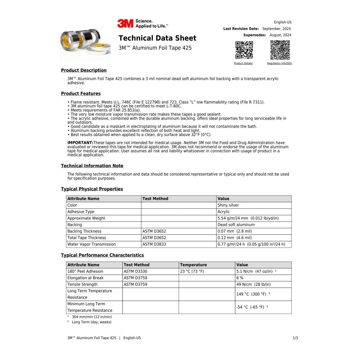 3M Aluminum Foil Tape, Silver, 7 in x 60 yd, 4.6 mil (425) (7010314221)  - (6Pack) - 7