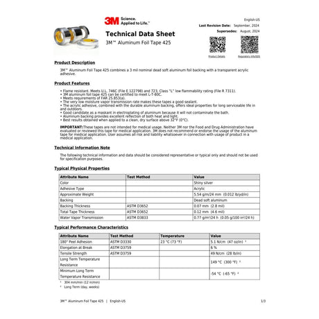 3M Aluminum Foil Tape, Silver, 7 in x 60 yd, 4.6 mil (425) (7010314221)  - (6Pack) - 7