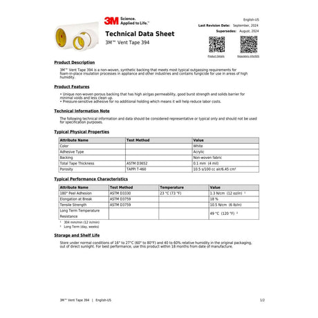 3M 394 Vent Tape, White, 1 in x 36 yd, 4 mil (394 IW) (7010335135)  - (36Pack) - 7