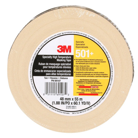 3M 501+ Specialty High Temperature Masking Tape, Tan, 48 mm x 55 m (7010335156)  - (24Pack) - 3