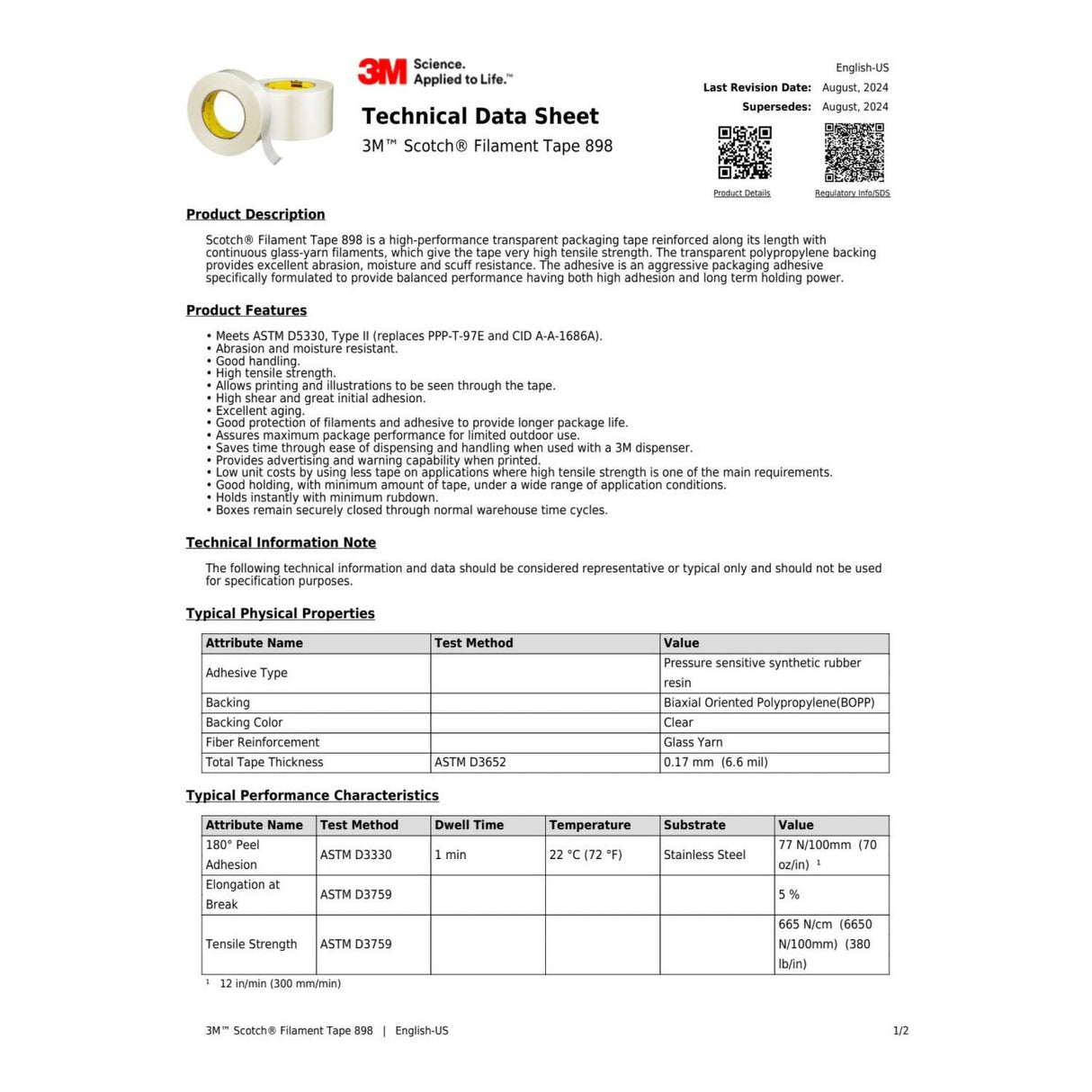 3M 898 Scotch Filament Tape, Fiberglass Reinforced Strapping Tape, Clear, 18 mm x 55 m, 6.6 mil (7010335427) (192 Pack) - 4