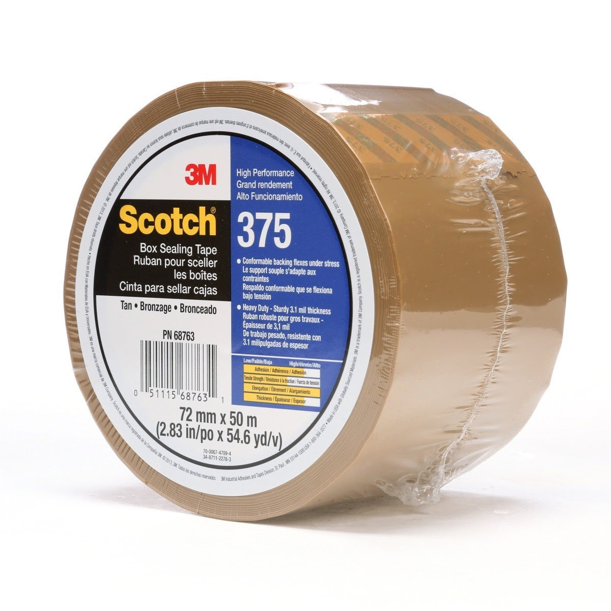 3M 375 Scotch Box Sealing Tape, Tan, 72 mm x 50 m, Individually Wrapped Conveniently Packaged (7010335881)  - (360Pack)
