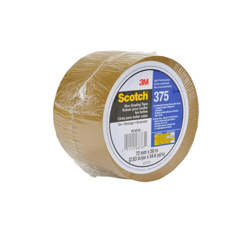 3M 375 Scotch Box Sealing Tape, Tan, 72 mm x 50 m, Individually Wrapped Conveniently Packaged (7010335881)  - (360Pack) - 3