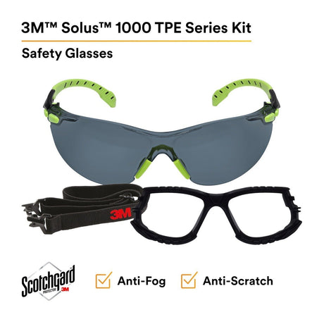 3M S1202SGAF-KT Solus 1000-Series Foam Strap, Green/Black, Grey Scotchgard Anti-fog Lens (7010341346)  - (20Pack) - 2