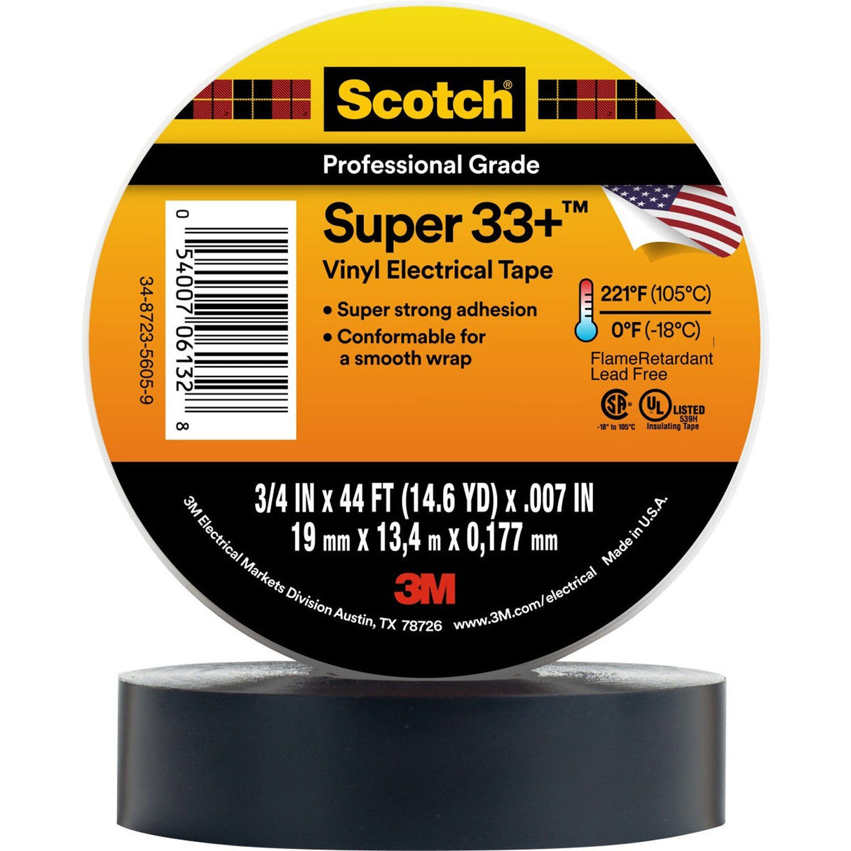 3M Scotch Super 33+ Vinyl Electrical Tape, Black, 3/4 in x 44 ft (33+-3/4X44FT-1) (7010350130)  - (100Pack)