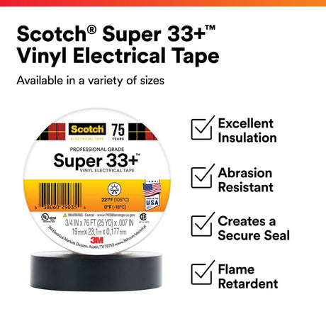 3M Scotch Super 33+ Vinyl Electrical Tape, Black, 3/4 in x 44 ft (33+-3/4X44FT-1) (7010350130)  - (100Pack) - 2