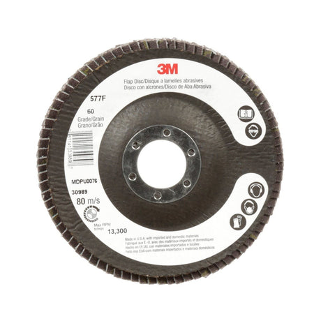 3M 577F Flap Disc, T27, 60 Grit, Alumina Zirconia, Green, 4-1/2 in x 7/8 in (7010363143)  - (10Pack) - 2