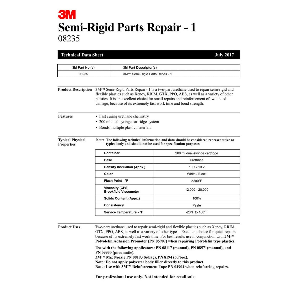 3M Semi-Rigid Parts Repair 1 Two-Part Urethane Plastic Repair Adhesive, Black, 200 mL Cartridge (08235) (7010364211)  - (6Pack) - 2