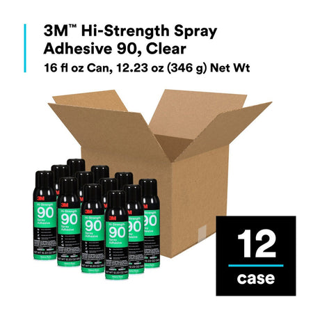 3M 90 Hi-Strength Spray Adhesive, Clear, 16 fl oz Can, Net Wt 12.23 oz, Permanent, Bonds Laminate, Wood, Concrete, Metal, Plastic (7010366483)  - (12Pack) - 10
