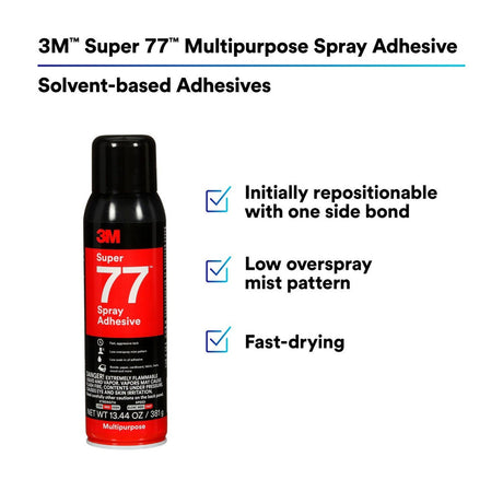 3M 77 Super 77 Multipurpose Spray Adhesive, Clear, 16 fl oz Can, Net Wt 13.44 oz, bonds Paper Cardboard Fabric Plastic Metal Wood (7010366503)  - (12Pack) - 6