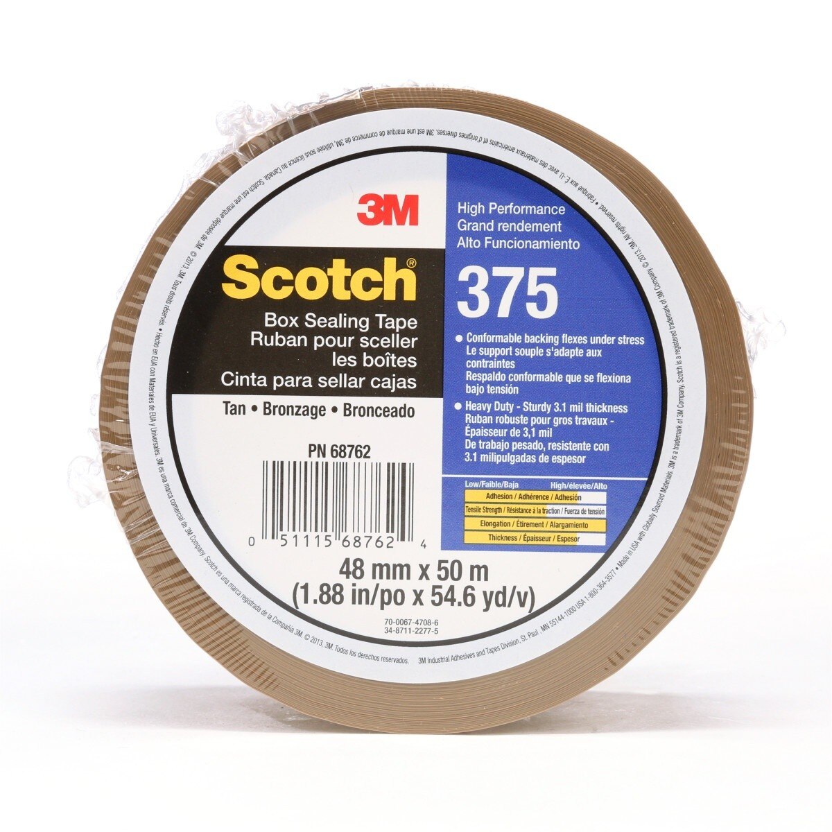 3M 375 Scotch Box Sealing Tape, High Performance, Tan, 48 mm x 50 m (7010374960)  - (36Pack)
