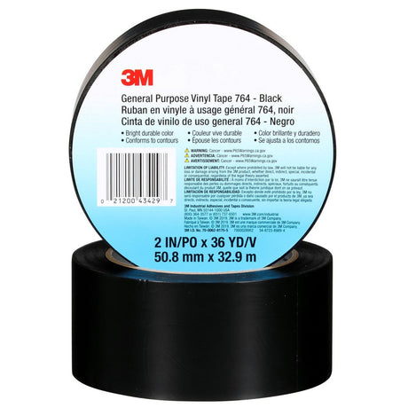 3M 764 Black General Purpose Vinyl Tape, 3 in x 36 yd, 5 mil (7010376163)  - (540Pack) - 6