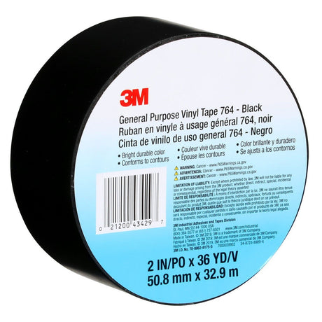 3M 764 Black General Purpose Vinyl Tape, 3 in x 36 yd, 5 mil (7010376163)  - (540Pack) - 7