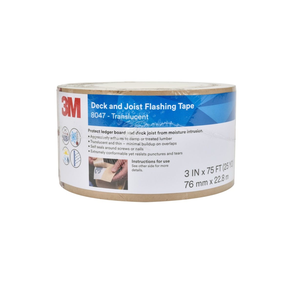 3M 8047 Deck and Joist Flashing Tape, Translucent, 3 in x 75 ft, Waterproof Adhesive Backed Weather Moisture Barrier (7010379532)  - (12Pack)