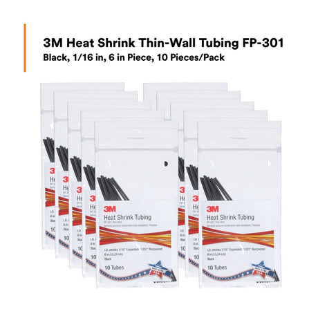 3M FP-301-1/16-6"-Black Heat Shrink Thin-Wall Tubing, 6 in Length (7010398999) (100 Pack) - 10