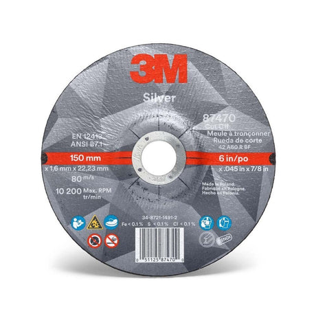 3M 87470 Silver Cut-Off Wheel 6 in x 0.045 in x 7/8 in, T27, Precision-Shaped Grain for Cutting Stainless and Mild Steel (7010409304) (50 Pack)