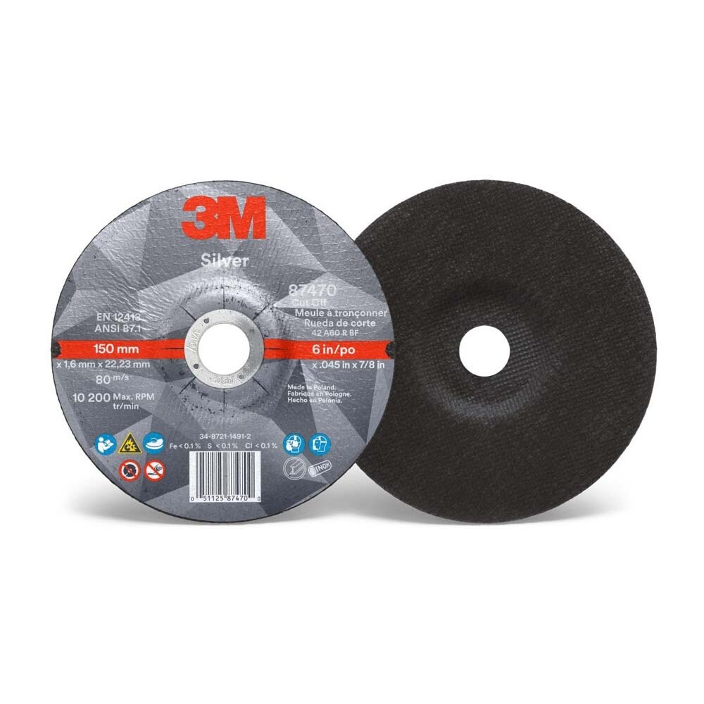 3M 87470 Silver Cut-Off Wheel 6 in x 0.045 in x 7/8 in, T27, Precision-Shaped Grain for Cutting Stainless and Mild Steel (7010409304) (50 Pack) - 2