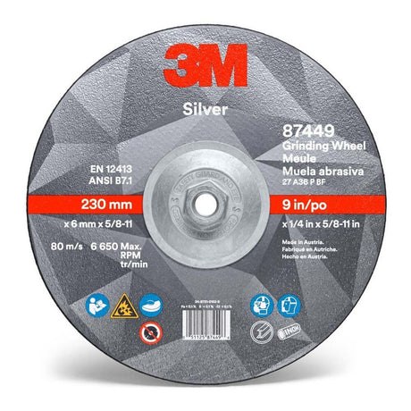 3M 87449 Silver Depressed Center Grinding Wheel, 36+, T27 Quick Change, 9 in x 1/4 in x 5/8 in-11 (7010409732) (20 Pack)