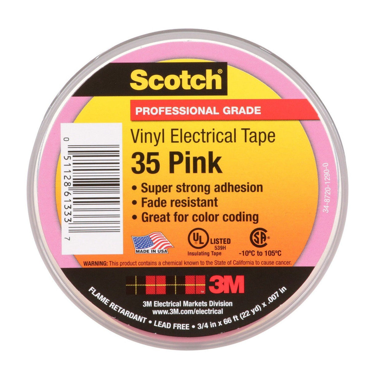3M Scotch Vinyl Color Coding Electrical Tape 35, Pink, 7 mil, 3/4 in x 66 ft (35-3/4X66FT-PK) (7010411602)  - (10Pack) - 2