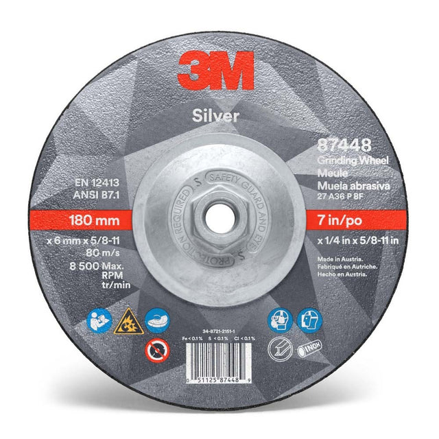 3M 87448 Silver Depressed Center Grinding Wheel, 36+, T27 Quick Change, 7 in x 1/4 in x 5/8 in-11 (7010412150) (20 Pack)
