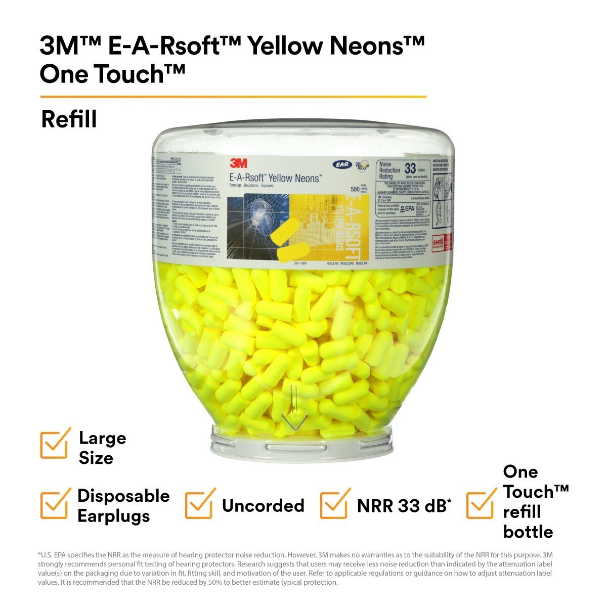 3M 391-1005 E-A-R Yellow Foam Disposable Earplugs Refill Bottle, Uncorded, NRR 33 dB, Large (7100001858) (1600 Pack) - 5