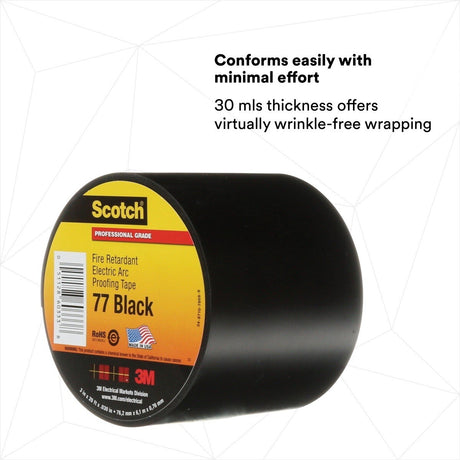 3M Scotch Fire-Retardant Electric Arc Proofing Tape 77, Black, 3 in x 20 ft (77B-3X20FT) (7100004701)  - (10Pack) - 3