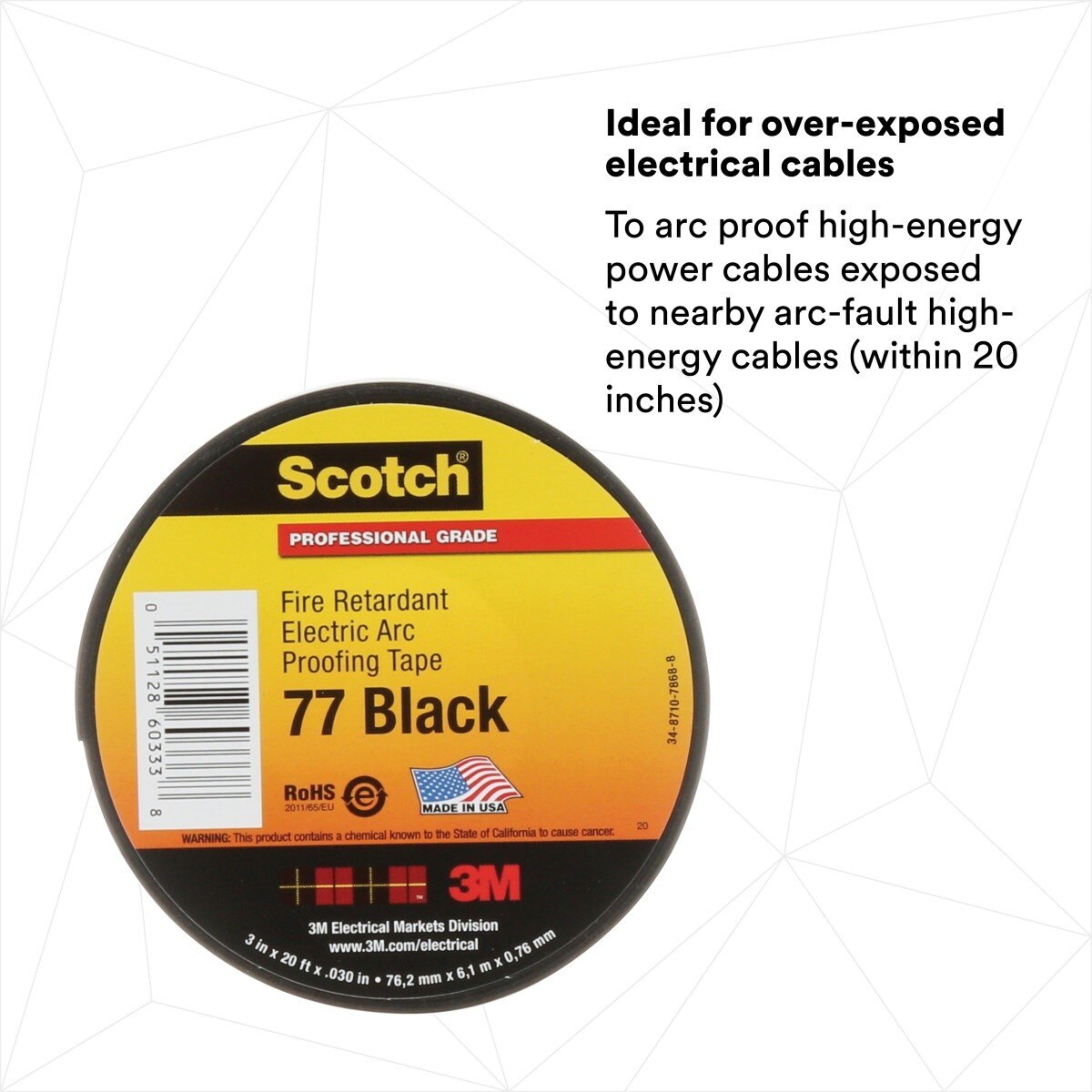 3M Scotch Fire-Retardant Electric Arc Proofing Tape 77, Black, 3 in x 20 ft (77B-3X20FT) (7100004701)  - (10Pack) - 4