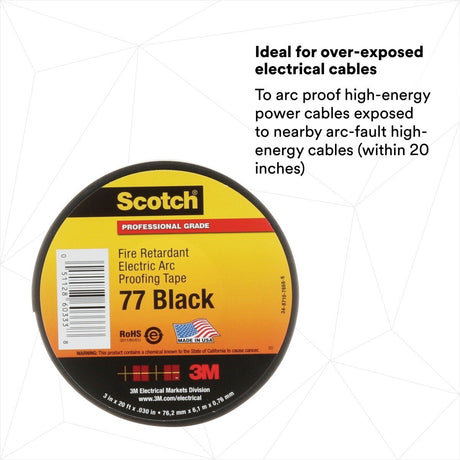3M Scotch Fire-Retardant Electric Arc Proofing Tape 77, Black, 3 in x 20 ft (77B-3X20FT) (7100004701)  - (10Pack) - 4