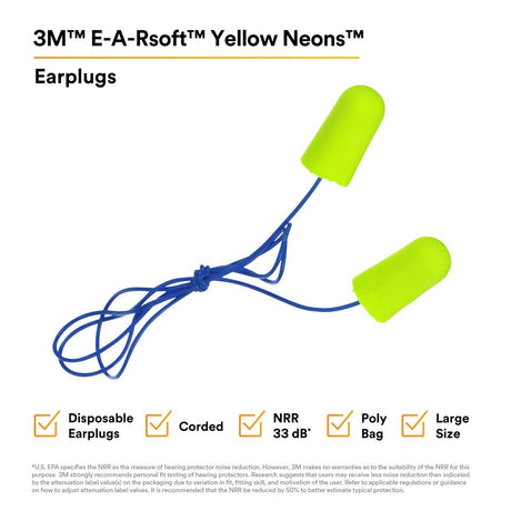 3M 311-1251 E-A-R Corded Disposable Foam Earplugs, Large, NRR 33 dB, Individually Wrapped, Poly Bag (7100006342) (2000 Pack) - 5