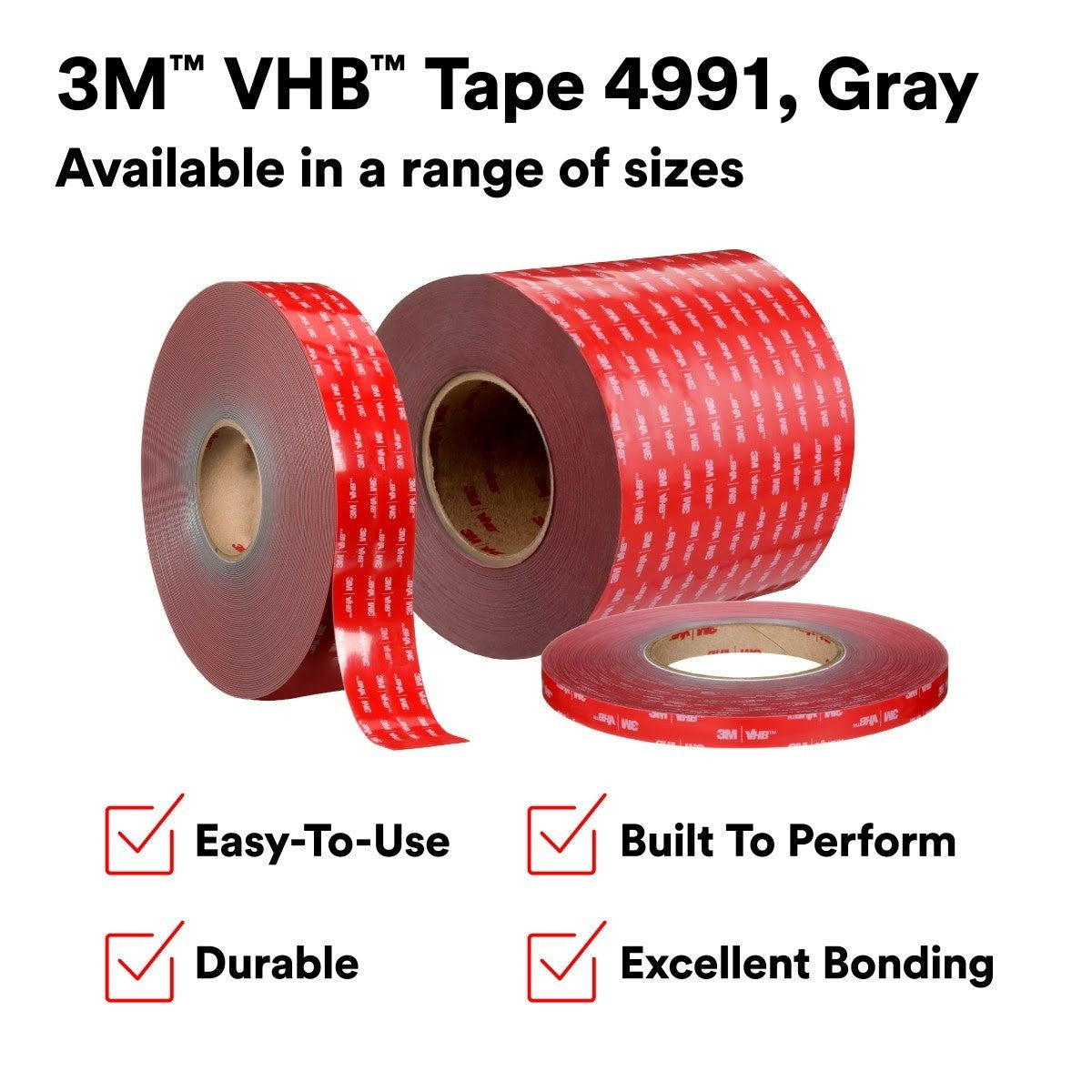 3M 4991 VHB Double Sided Acrylic Foam Tape, Gray, 90 mil, 1 in x 36 yd (7100010277) (9 Pack) - 9
