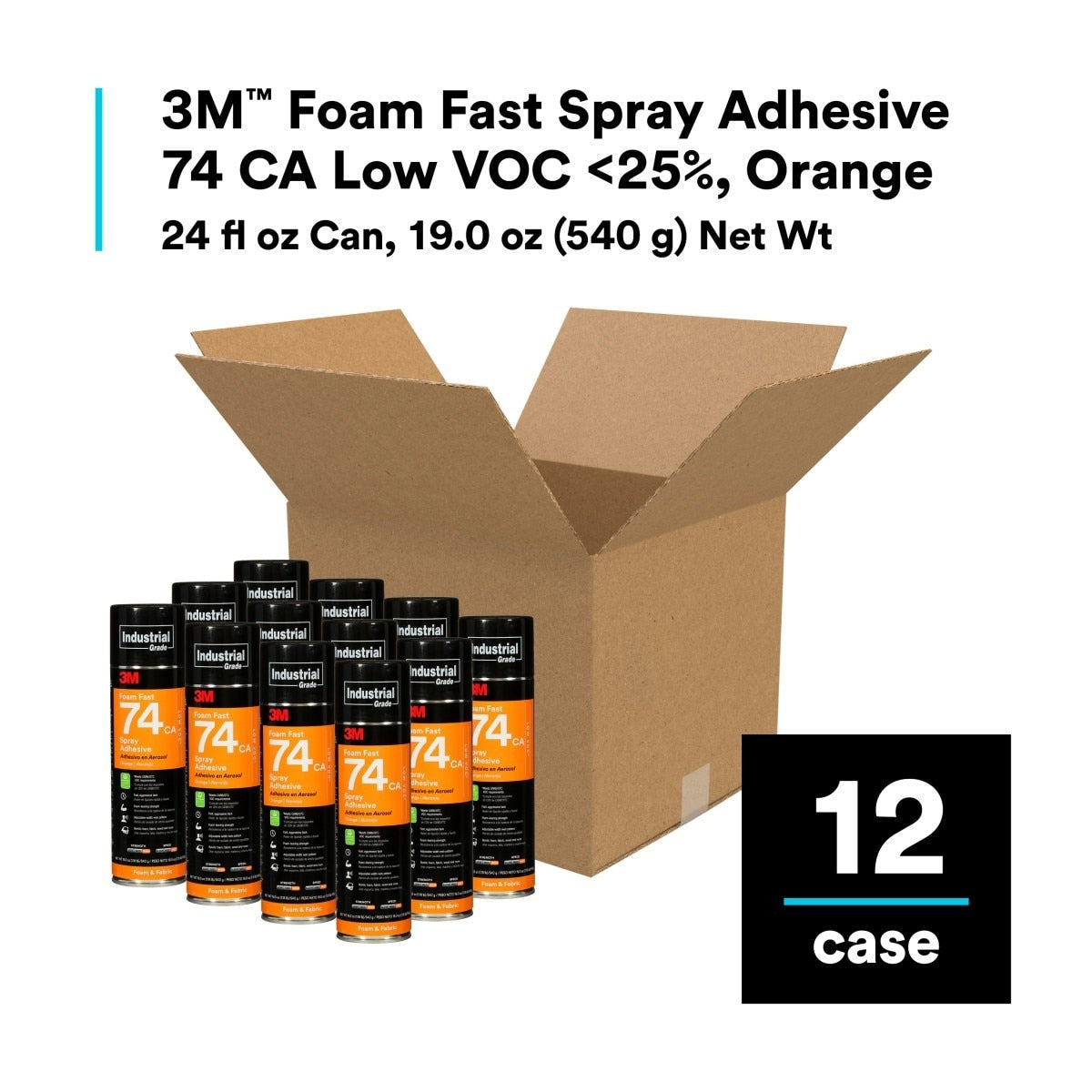 3M 74 Foam Fast CA Spray Adhesive, Low VOC <25%, Orange, 24 fl oz (Net Wt 19 oz) (74) (7100014104)  - (12Pack) - 9