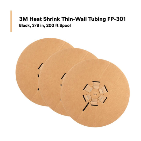3M Heat Shrink Thin-Wall Tubing FP-301 Black 3/8 in x 200 ft Spool (FP0.375BK200'L) (7100020270)  - (3Pack) - 9