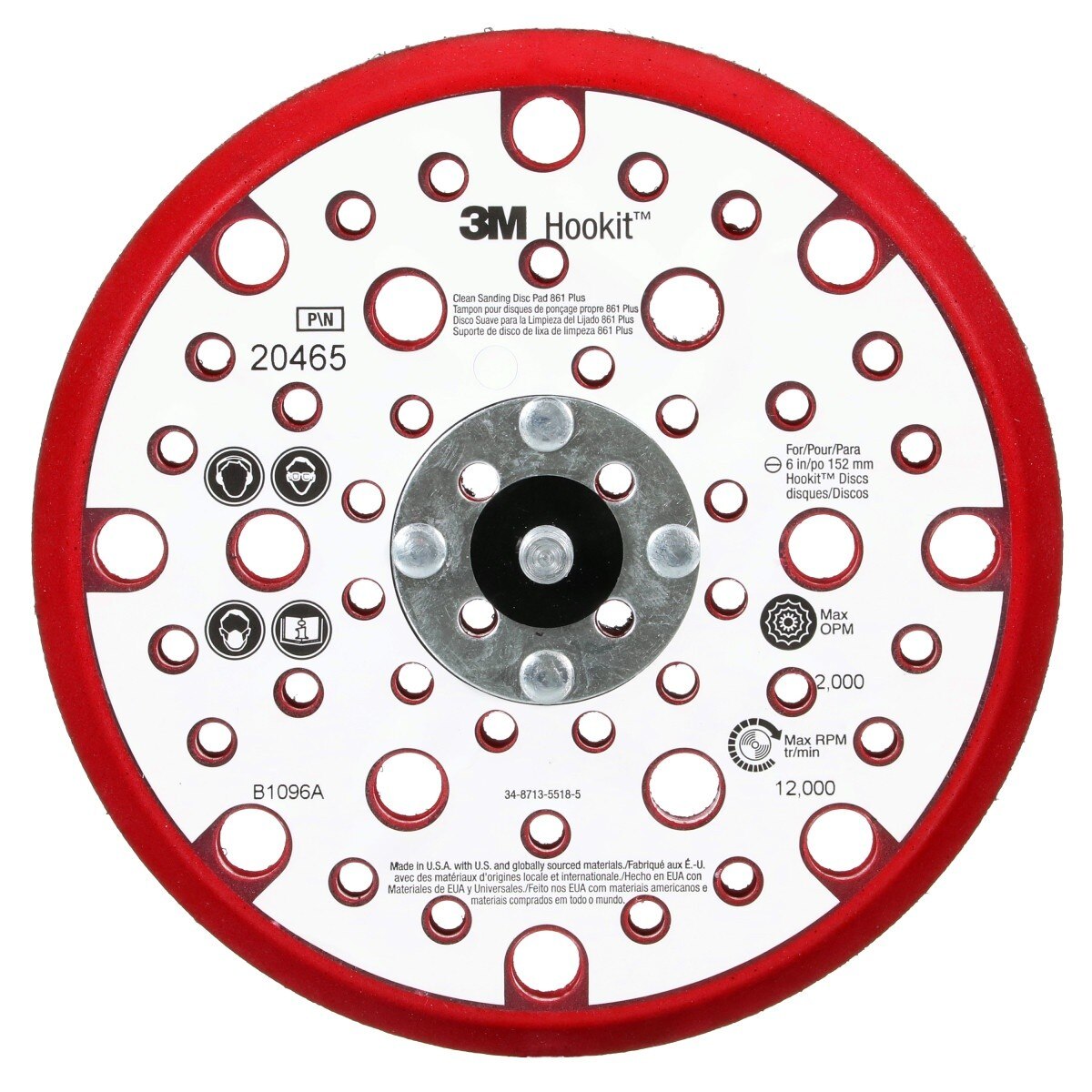 3M 20465 Xtract Hookit Low Profile Back-up Pad 861 Plus, Red Foam, 6 in, 53 Holes, 5/16-24 EXT (7100022038)  - (10Pack)