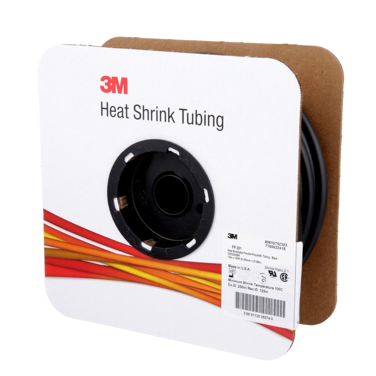 3M Heat Shrink Thin-Wall Tubing FP-301, 1/4 in ID, Black, 100 ft Roll, 2 to 1 Shrink Ratio, 600V (FP0.250BK100'S) (7100022418)  - (3Pack) - 3