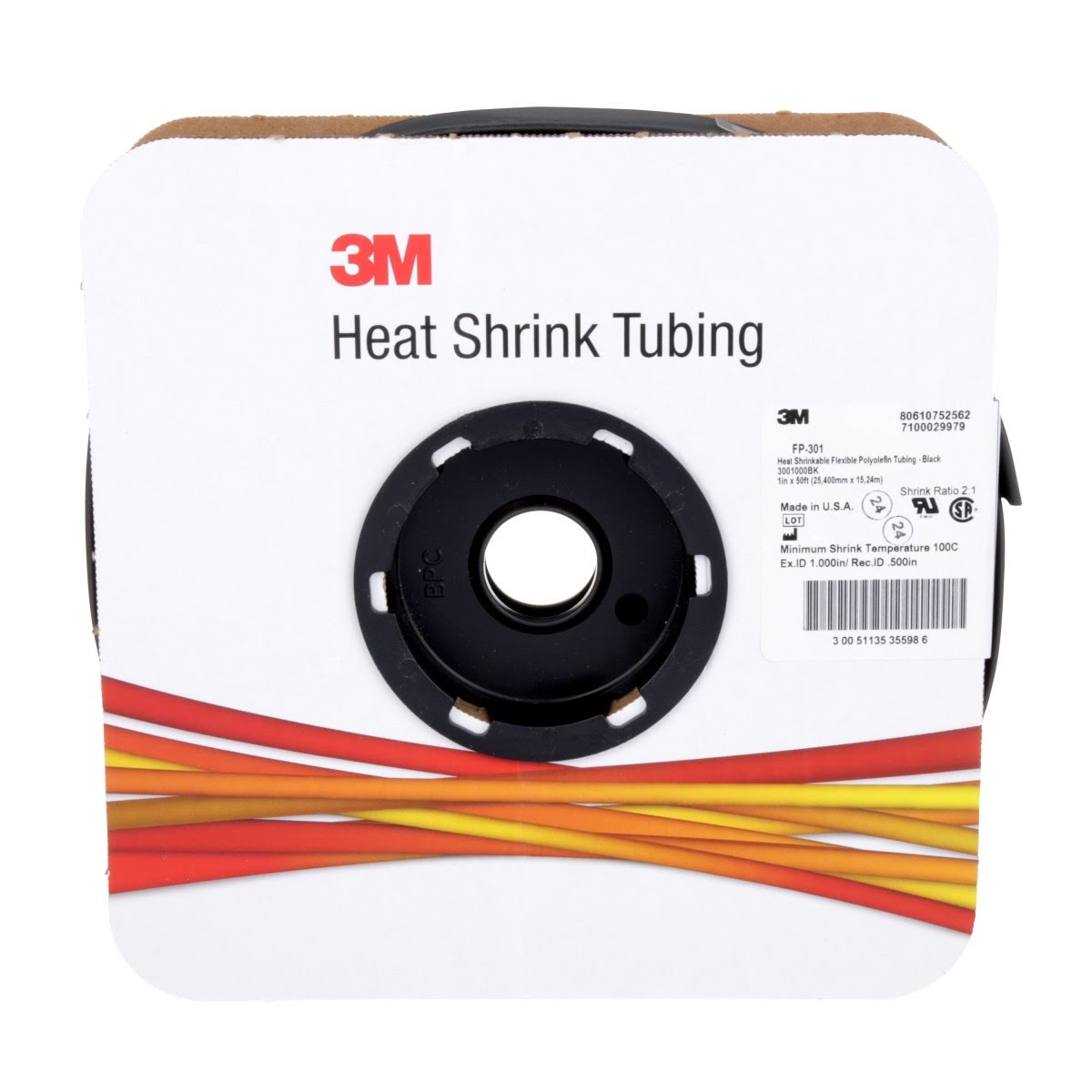 3M Heat Shrink Thin Wall Tubing FP-301, Black, 2 to 1, 1 in x 50 ft Spool (FP1.000BK50S) (7100029979)  - (3Pack) - 2