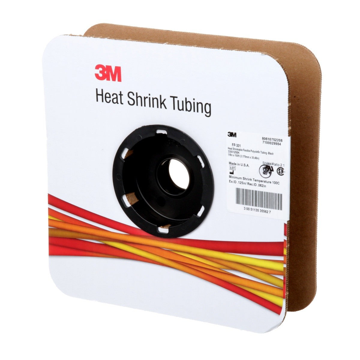 3M Heat Shrink Thin-Wall Tubing FP-301, Black, 1/8 in ID, 100 ft Spool (FP0.125BK100'S) (7100029984)  - (3Pack) - 3