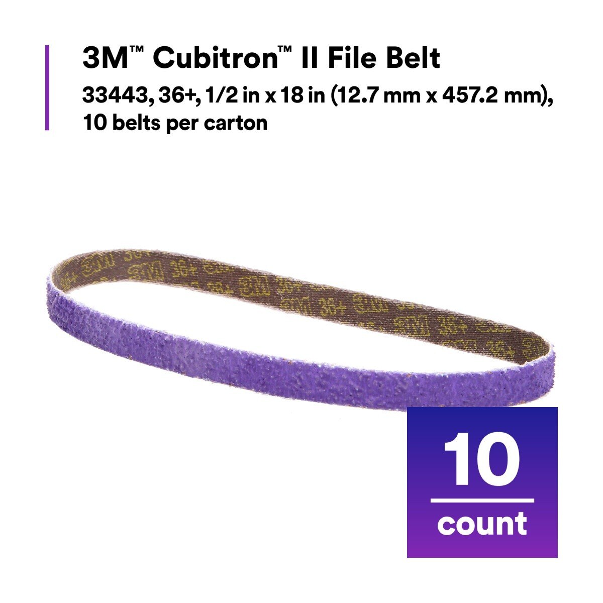 3M 786F 33443 Cubitron II File Belt, 36+ Grit, Purple, 1/2 in x 18 in, Spot Weld Removal (7100033184) (50 Pack) - 9
