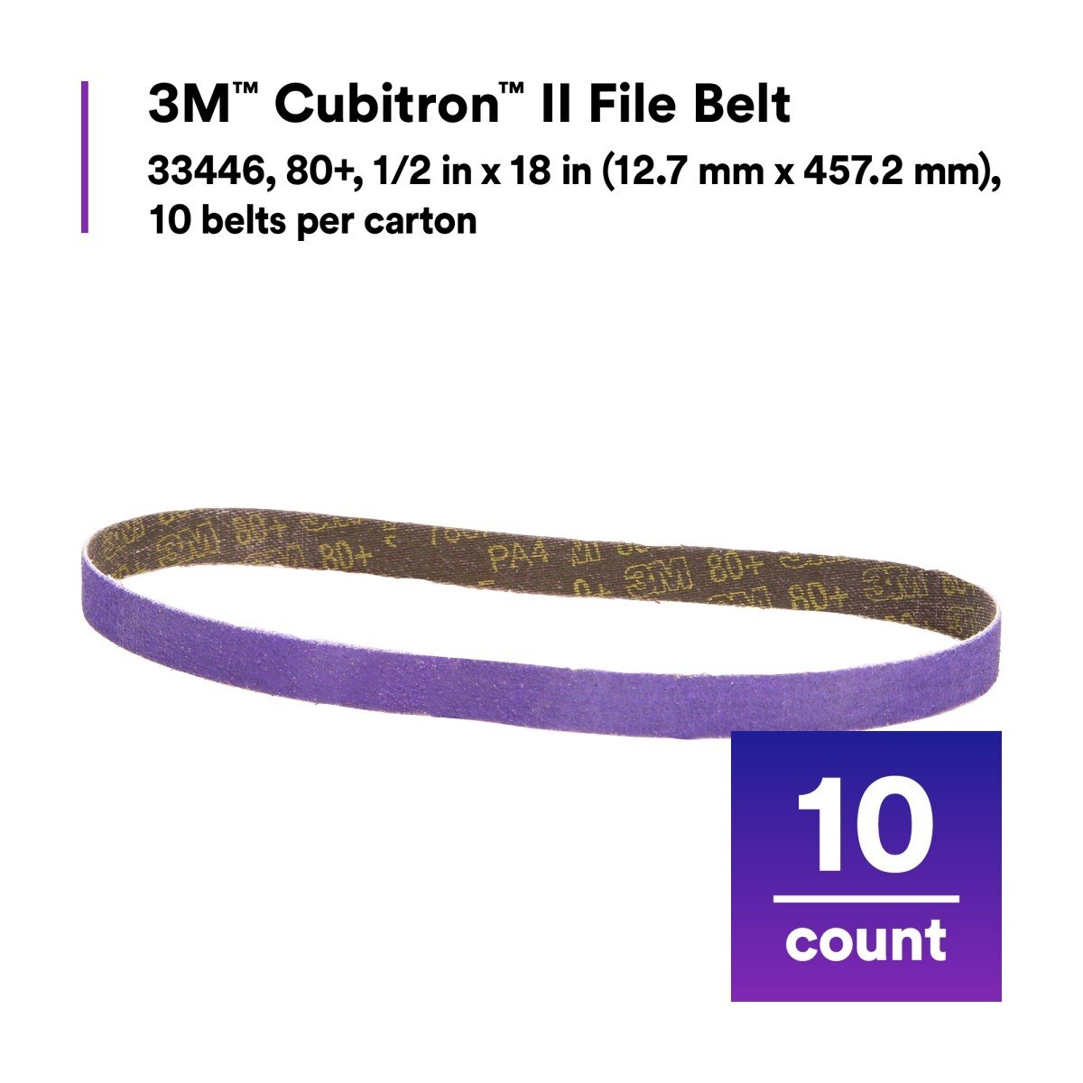 3M 33446 Cubitron II File Belt, 80+ Grit, Purple, 1/2 in x 18 in, Spot Weld Removal (7100033186) (50 Pack) - 2